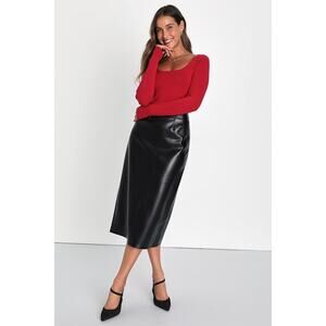 Lulus Bold Sophistication Black Vegan Leather High-Rise Midi Skirt, Size S